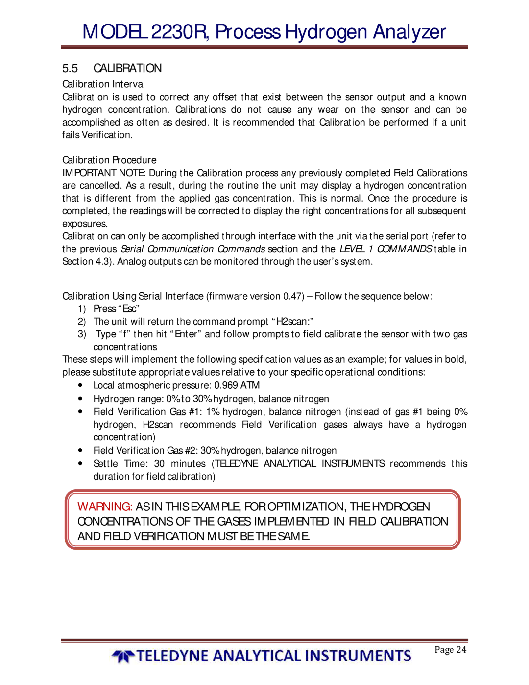 Teledyne 2230R instruction manual Calibration Interval, Calibration Procedure 