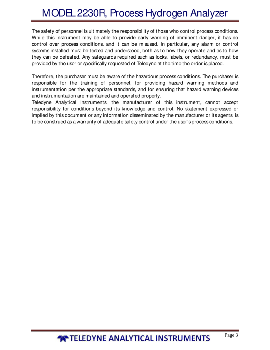 Teledyne instruction manual Model 2230R, Process Hydrogen Analyzer 