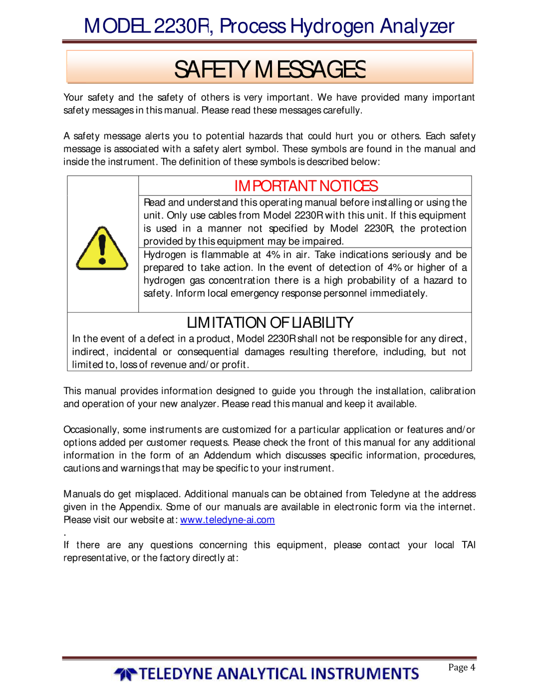 Teledyne 2230R instruction manual Safety Messages 