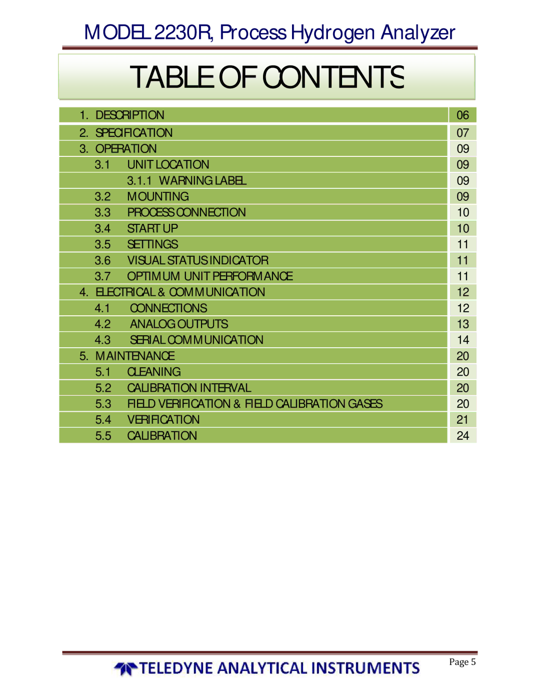 Teledyne 2230R instruction manual Table of Contents 