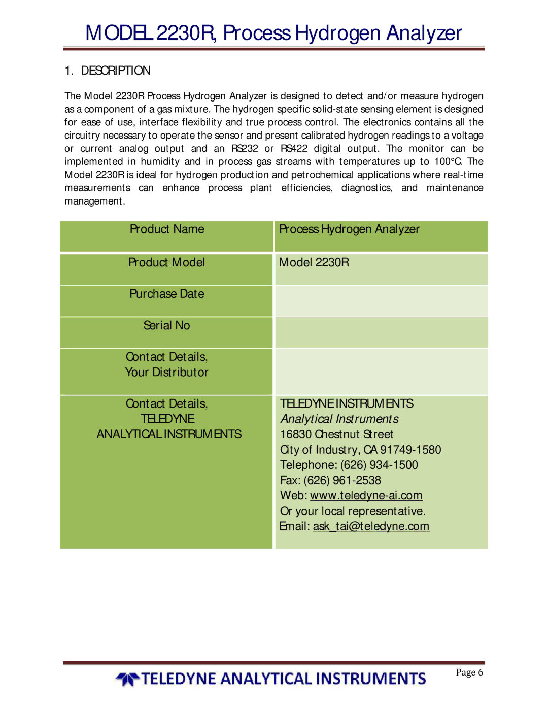Teledyne Description, Teledyne Analytical Instruments, Process Hydrogen Analyzer Model 2230R, Teledyne Instruments 