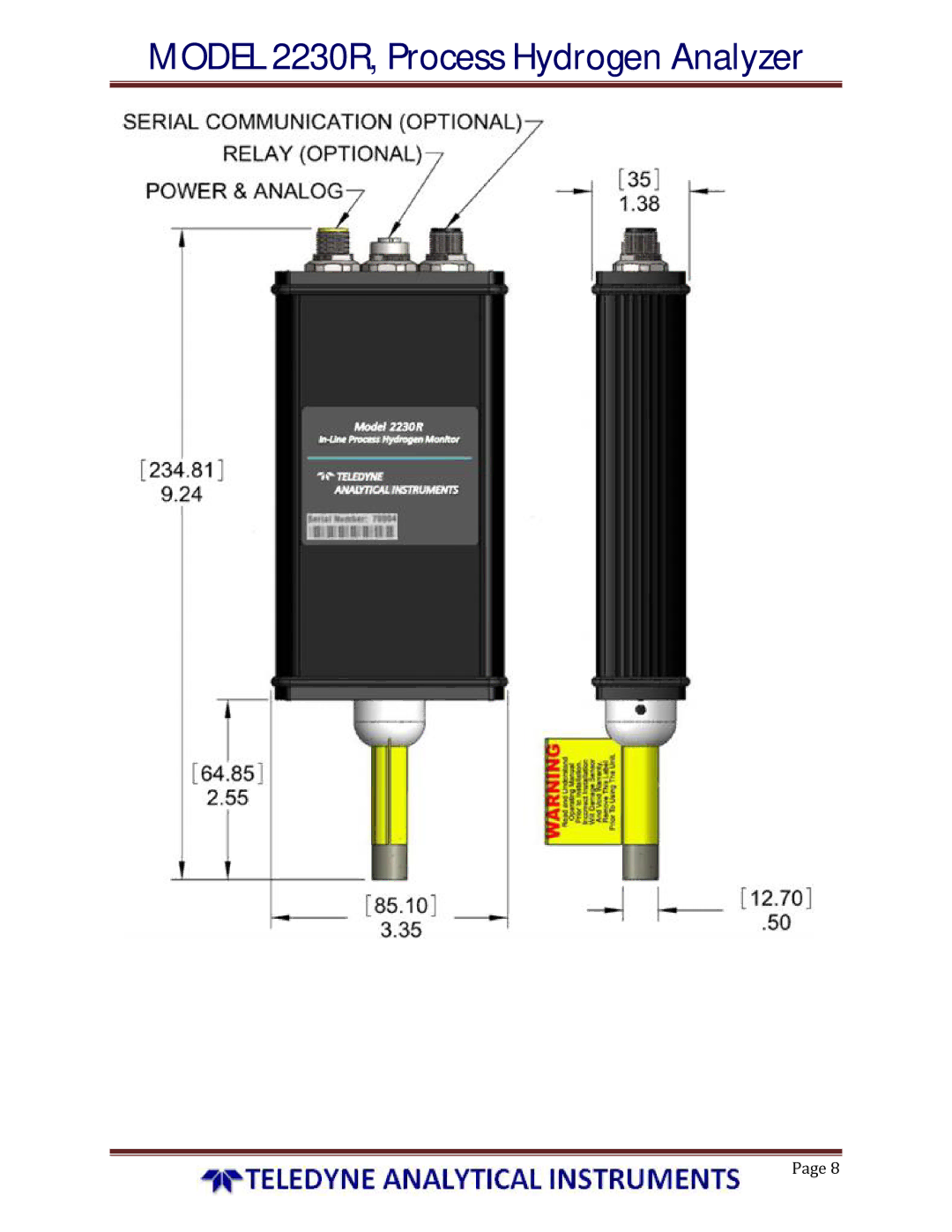 Teledyne instruction manual Model 2230R, Process Hydrogen Analyzer 