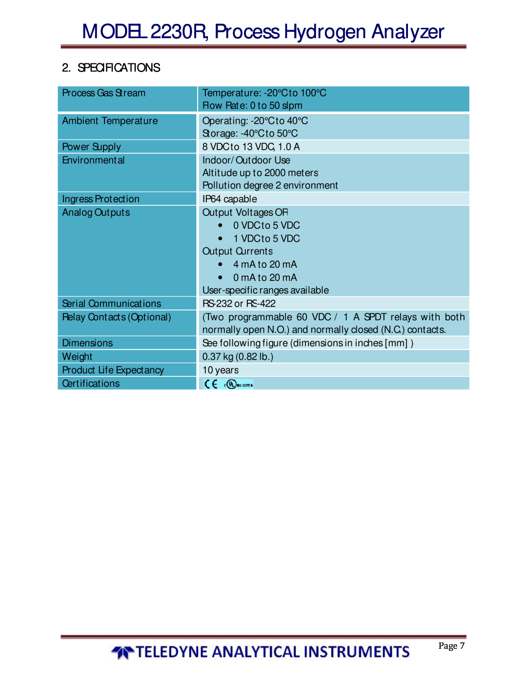Teledyne instruction manual Specifications, MODEL 2230R, Process Hydrogen Analyzer 