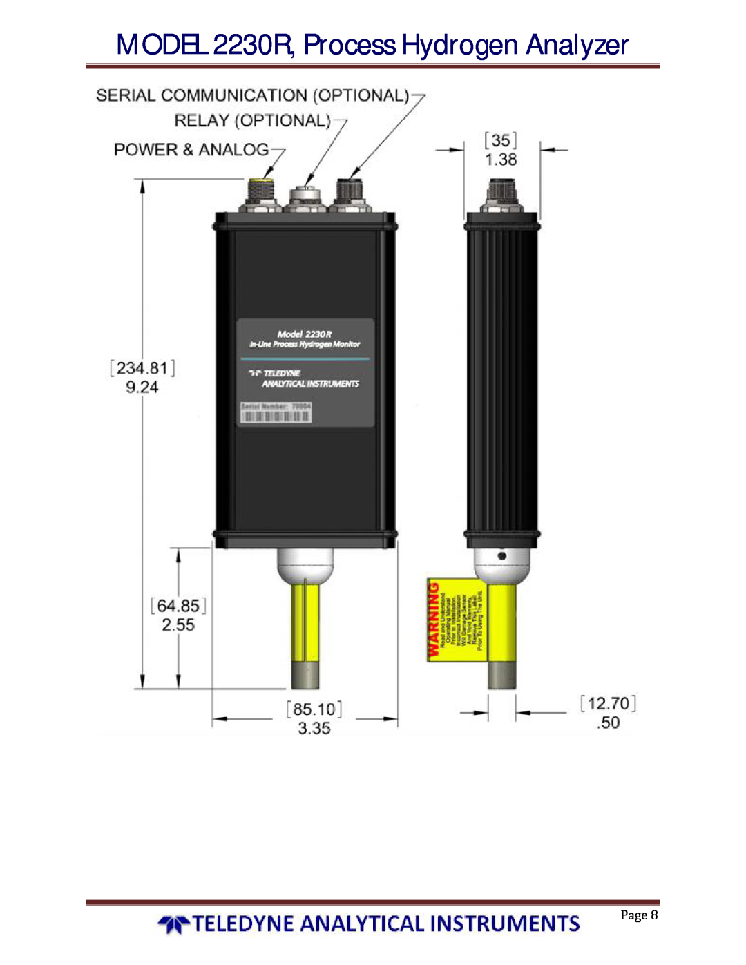 Teledyne instruction manual MODEL 2230R, Process Hydrogen Analyzer, Page 
