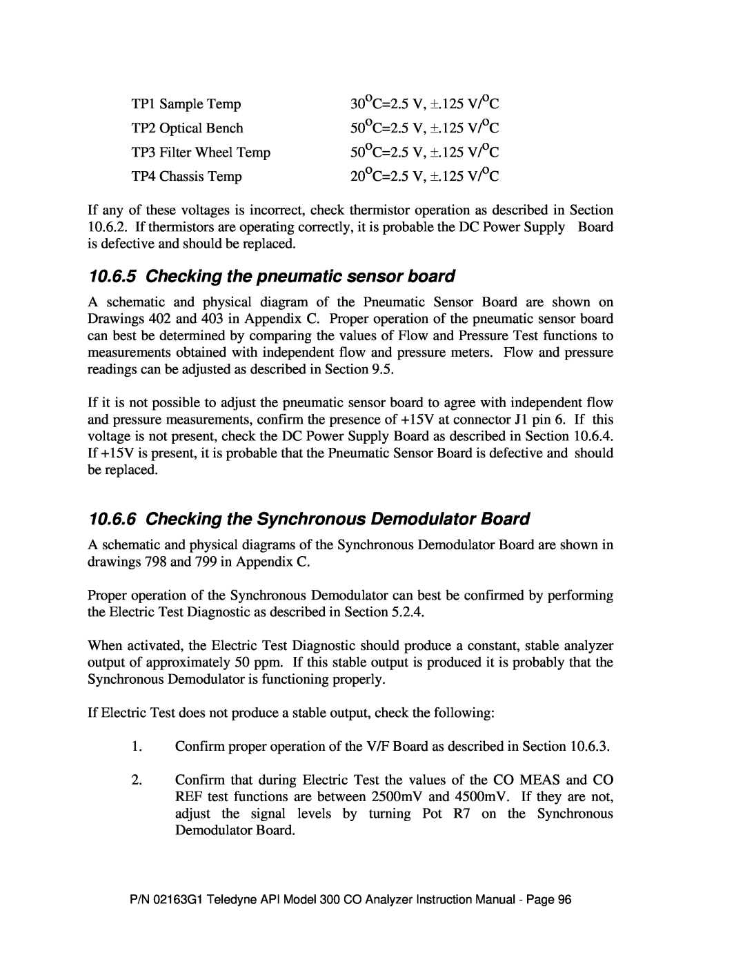 Teledyne 300 instruction manual Checking the pneumatic sensor board, Checking the Synchronous Demodulator Board 