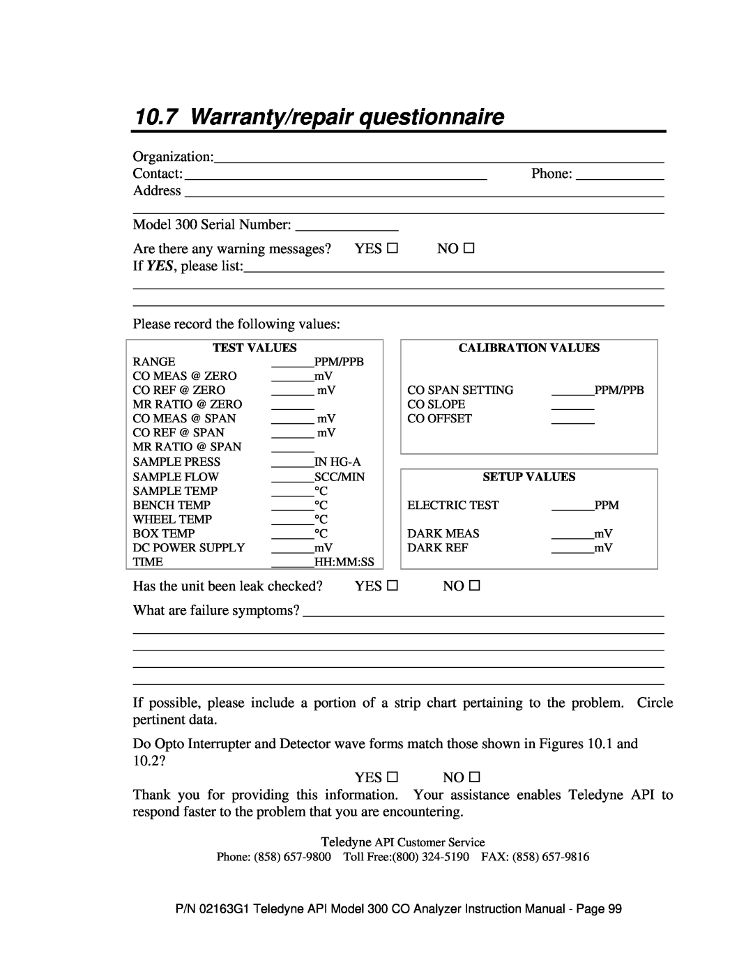 Teledyne 300 instruction manual Warranty/repair questionnaire 