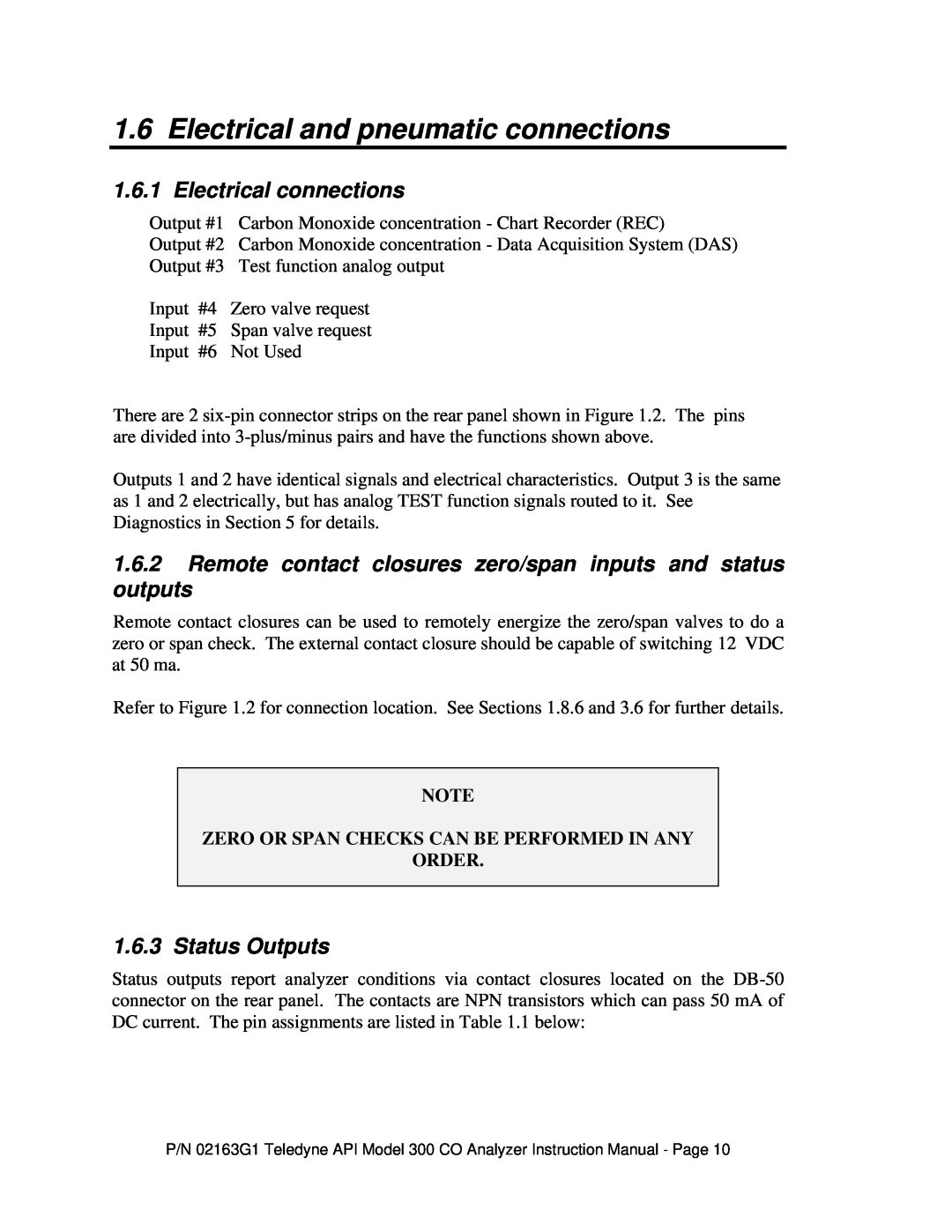 Teledyne 300 instruction manual Electrical and pneumatic connections, Electrical connections, Status Outputs 