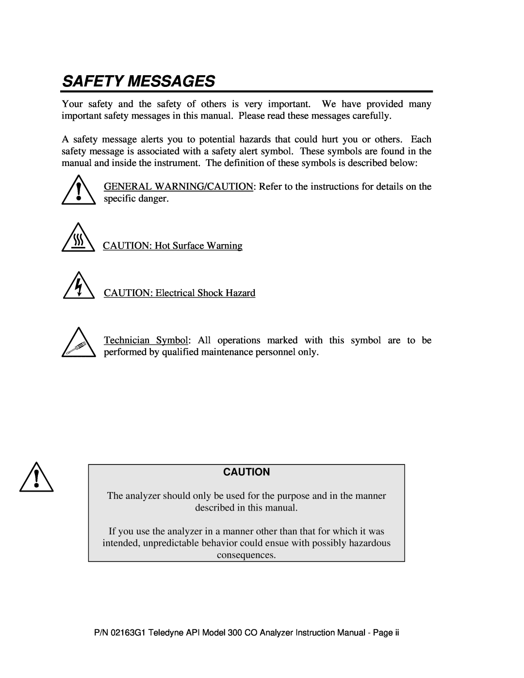 Teledyne 300 instruction manual Safety Messages 