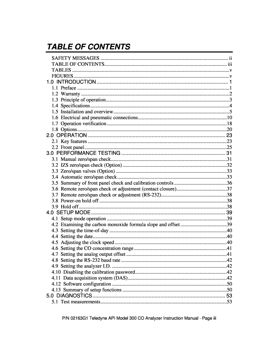 Teledyne 300 instruction manual Table Of Contents 