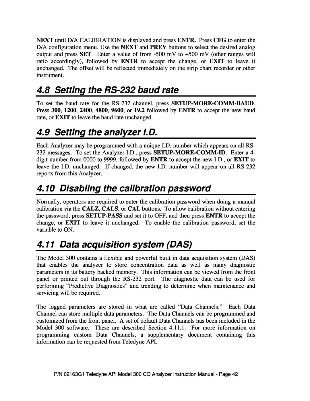 Teledyne 300 instruction manual Setting the RS-232baud rate, Setting the analyzer I.D, Disabling the calibration password 