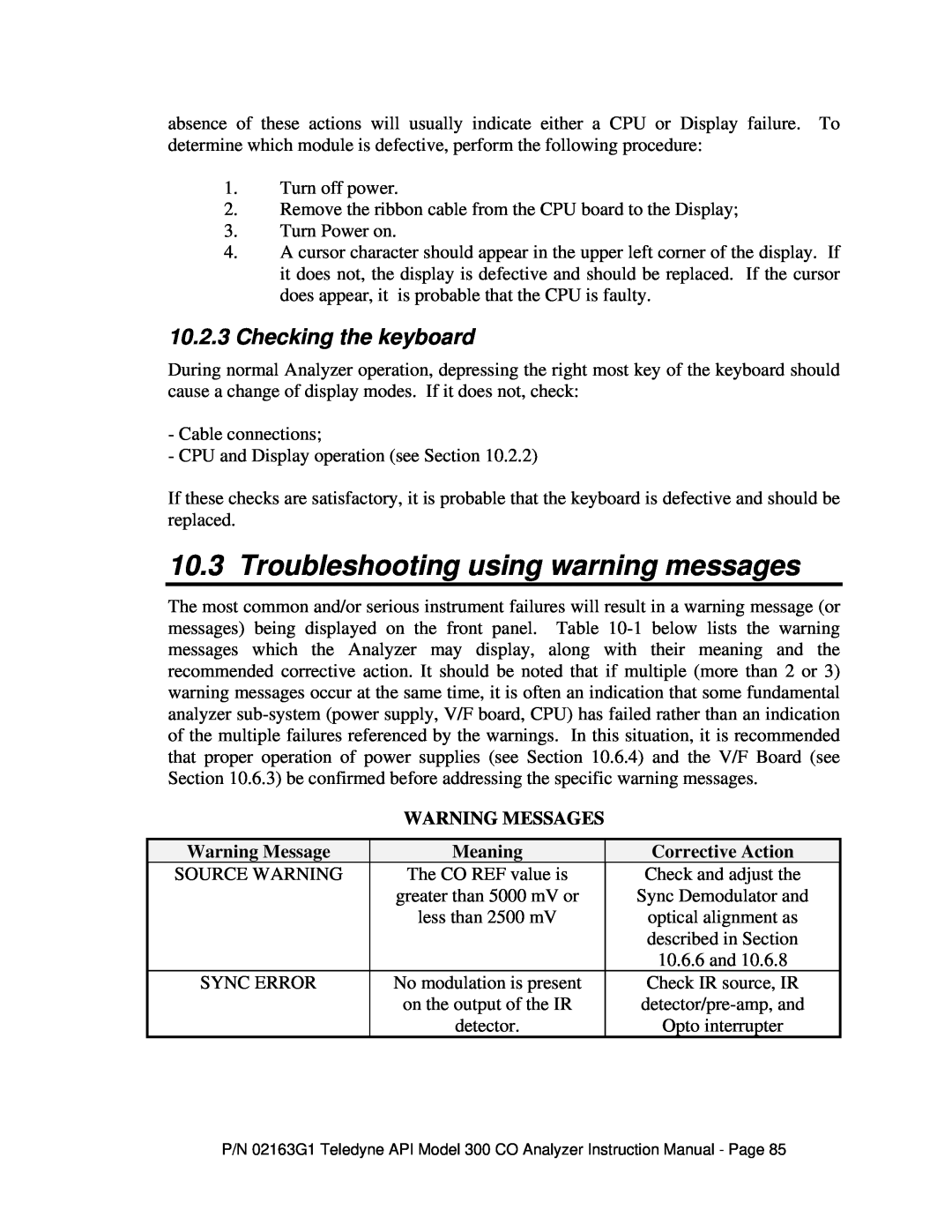 Teledyne 300 Troubleshooting using warning messages, 10.2.3Checking the keyboard, Corrective Action, Warning Messages 