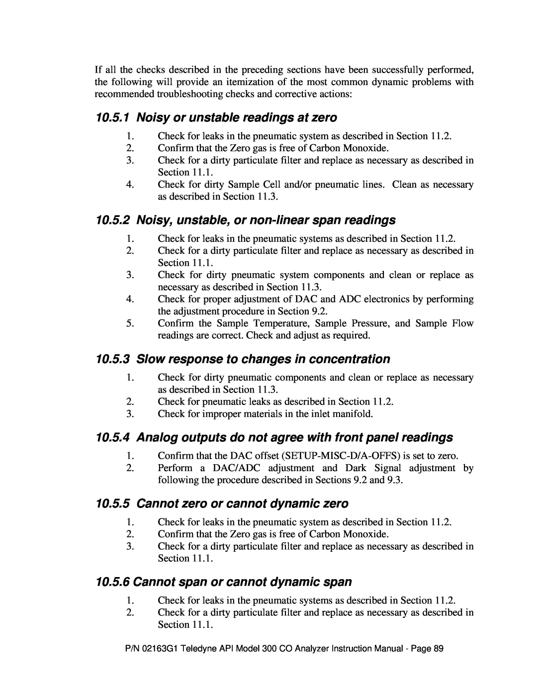 Teledyne 300 instruction manual 10.5.1Noisy or unstable readings at zero, 10.5.2Noisy, unstable, or non-linearspan readings 