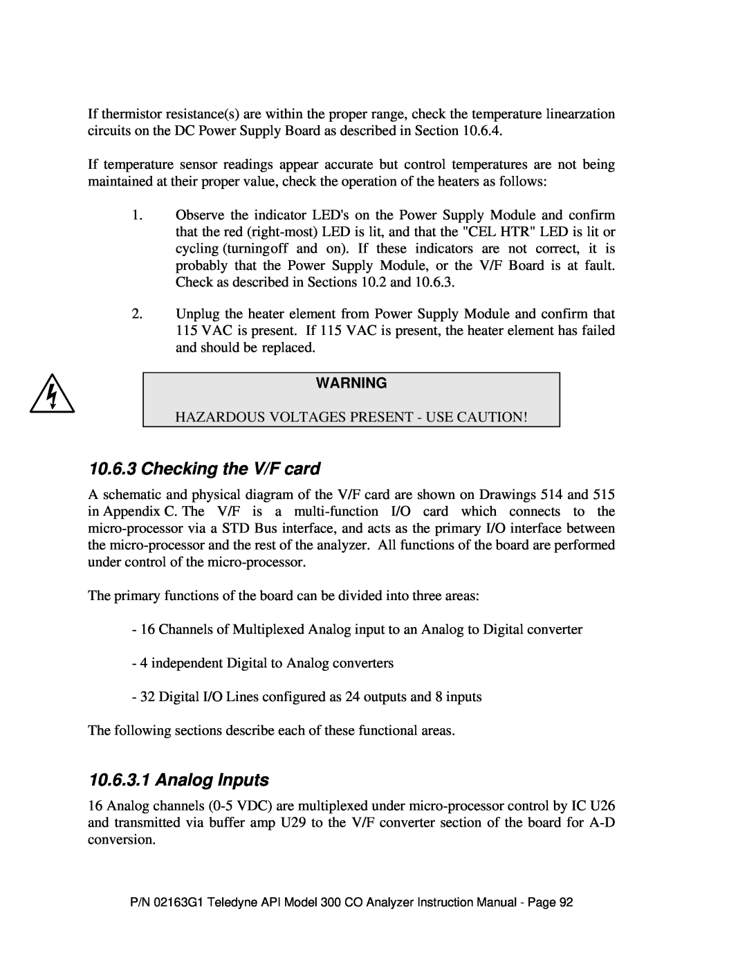 Teledyne 300 instruction manual Checking the V/F card, Analog Inputs 