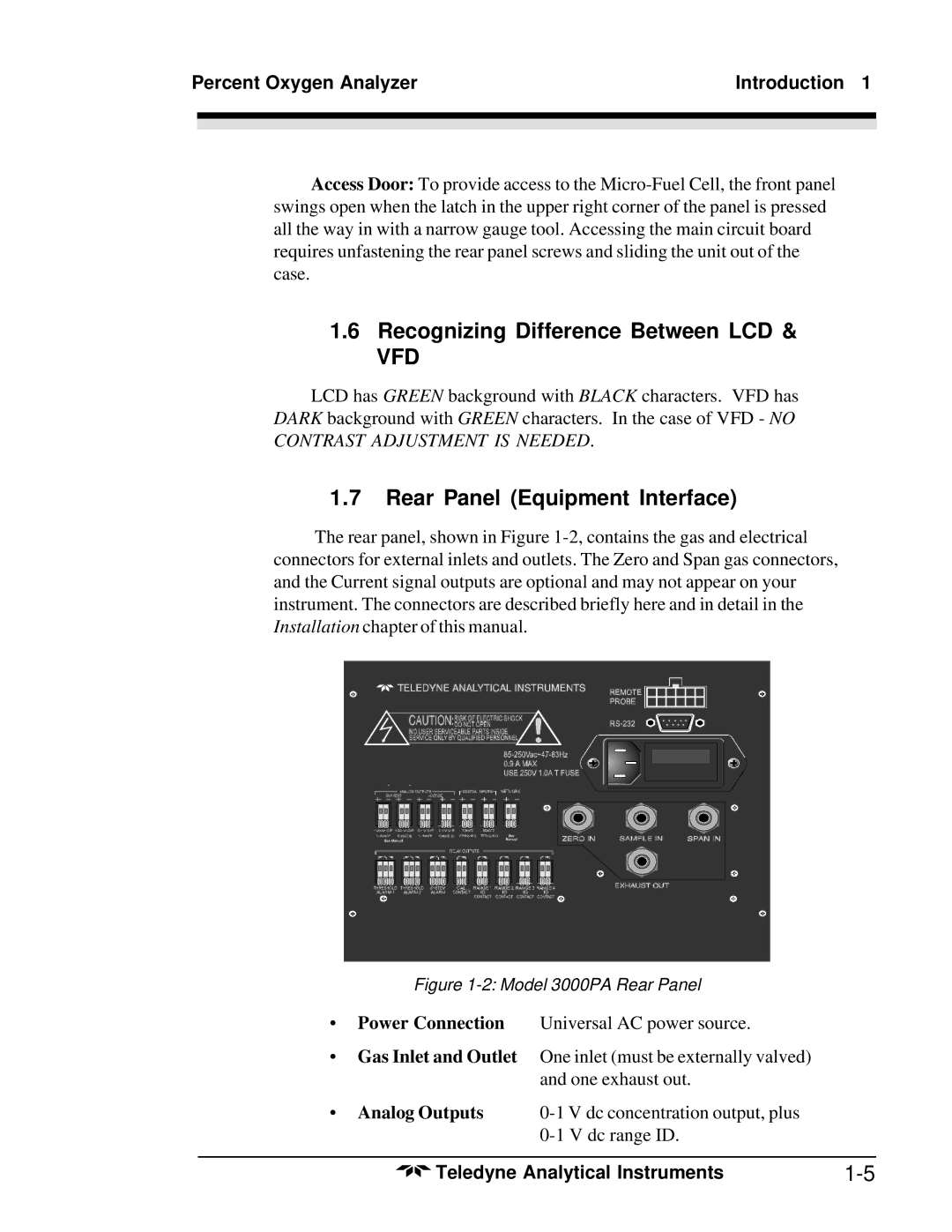 Teledyne 3000PA operating instructions Recognizing Difference Between LCD, Rear Panel Equipment Interface, Analog Outputs 