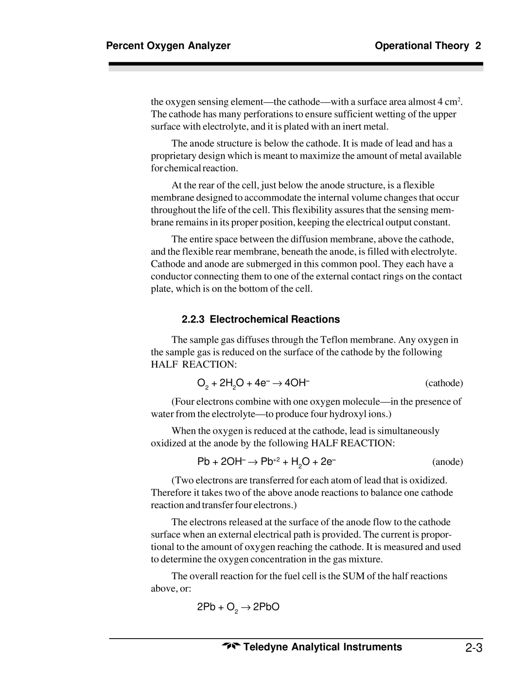 Teledyne 3000PA operating instructions Electrochemical Reactions, + 2H O + 4e → 4OH 