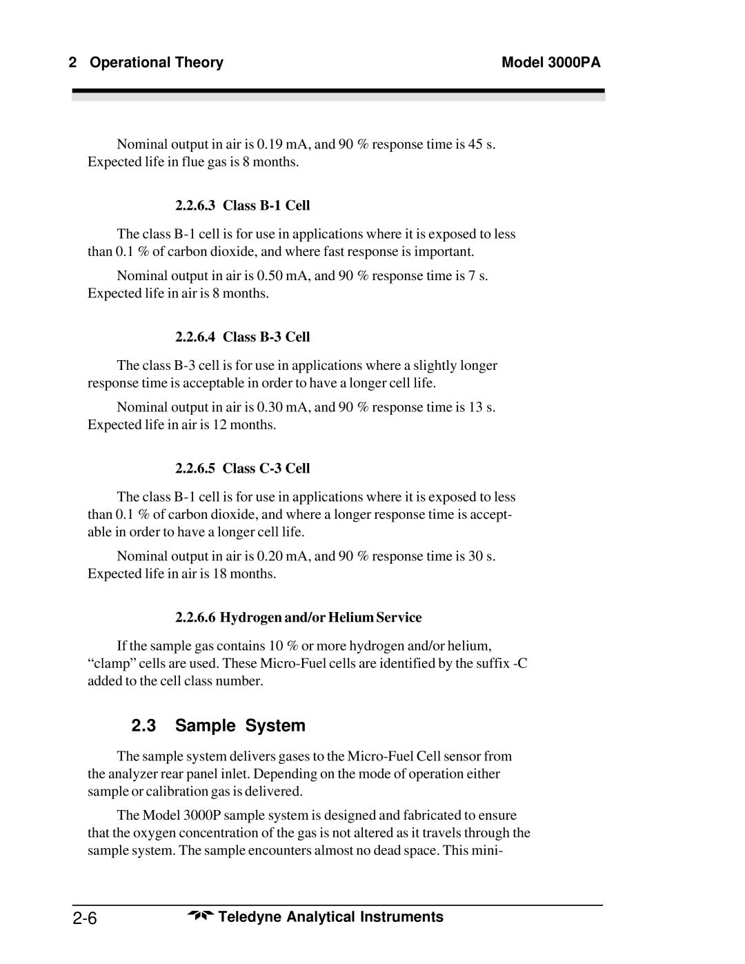 Teledyne 3000PA Sample System, Class B-1 Cell, Class B-3 Cell, Class C-3 Cell, Hydrogen and/or Helium Service 