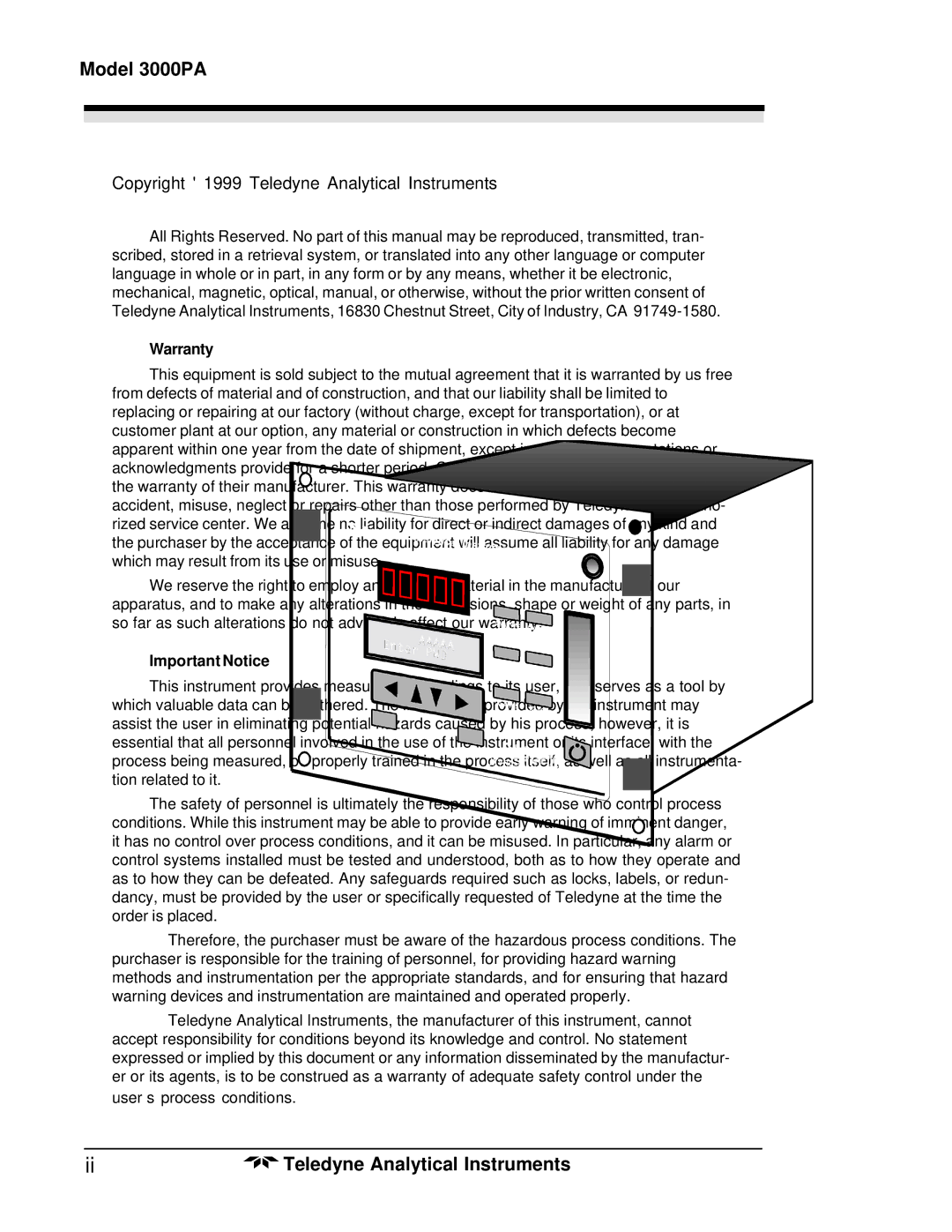 Teledyne operating instructions Model 3000PA, Teledyne Analytical Instruments 