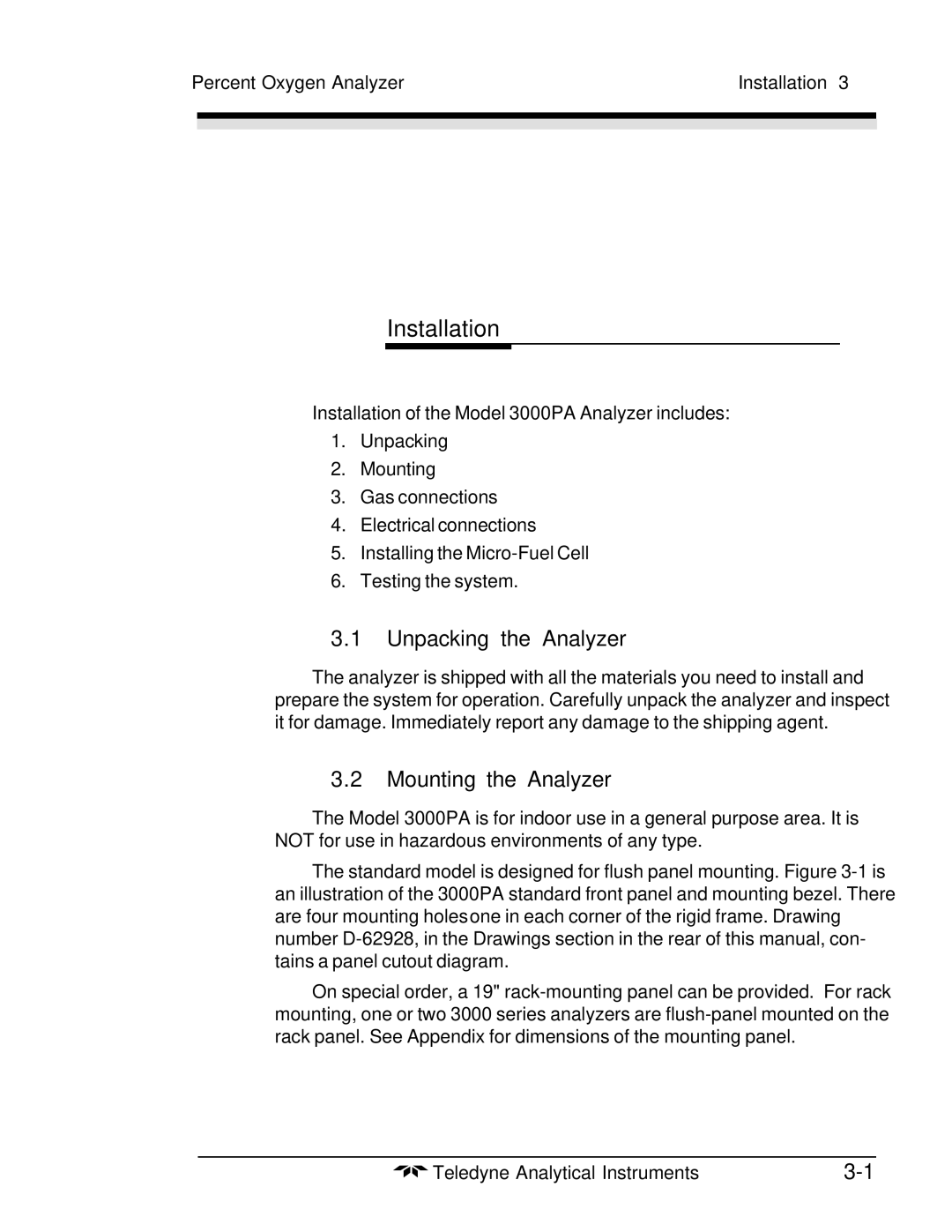 Teledyne 3000PA operating instructions Unpacking the Analyzer, Mounting the Analyzer, Percent Oxygen Analyzer Installation 