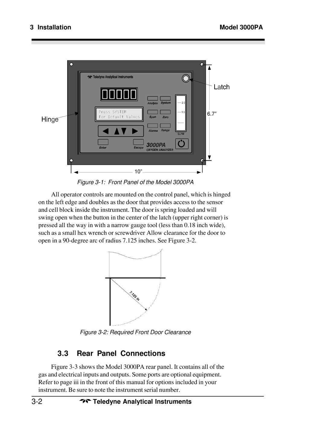 Teledyne operating instructions Rear Panel Connections, Installation Model 3000PA 