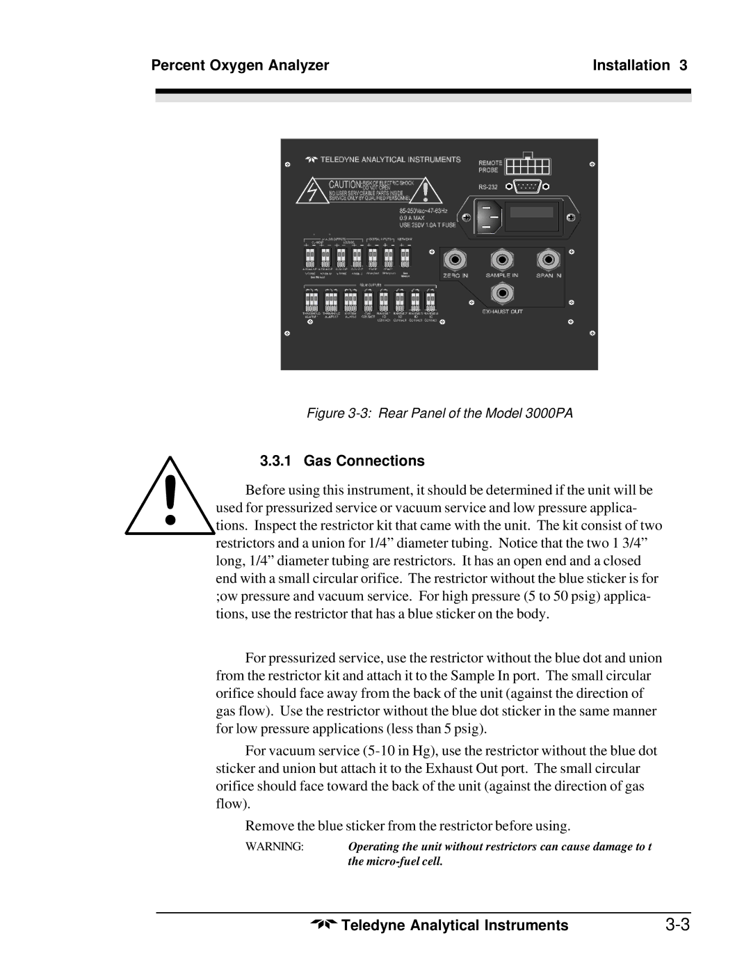 Teledyne operating instructions Gas Connections, Rear Panel of the Model 3000PA 