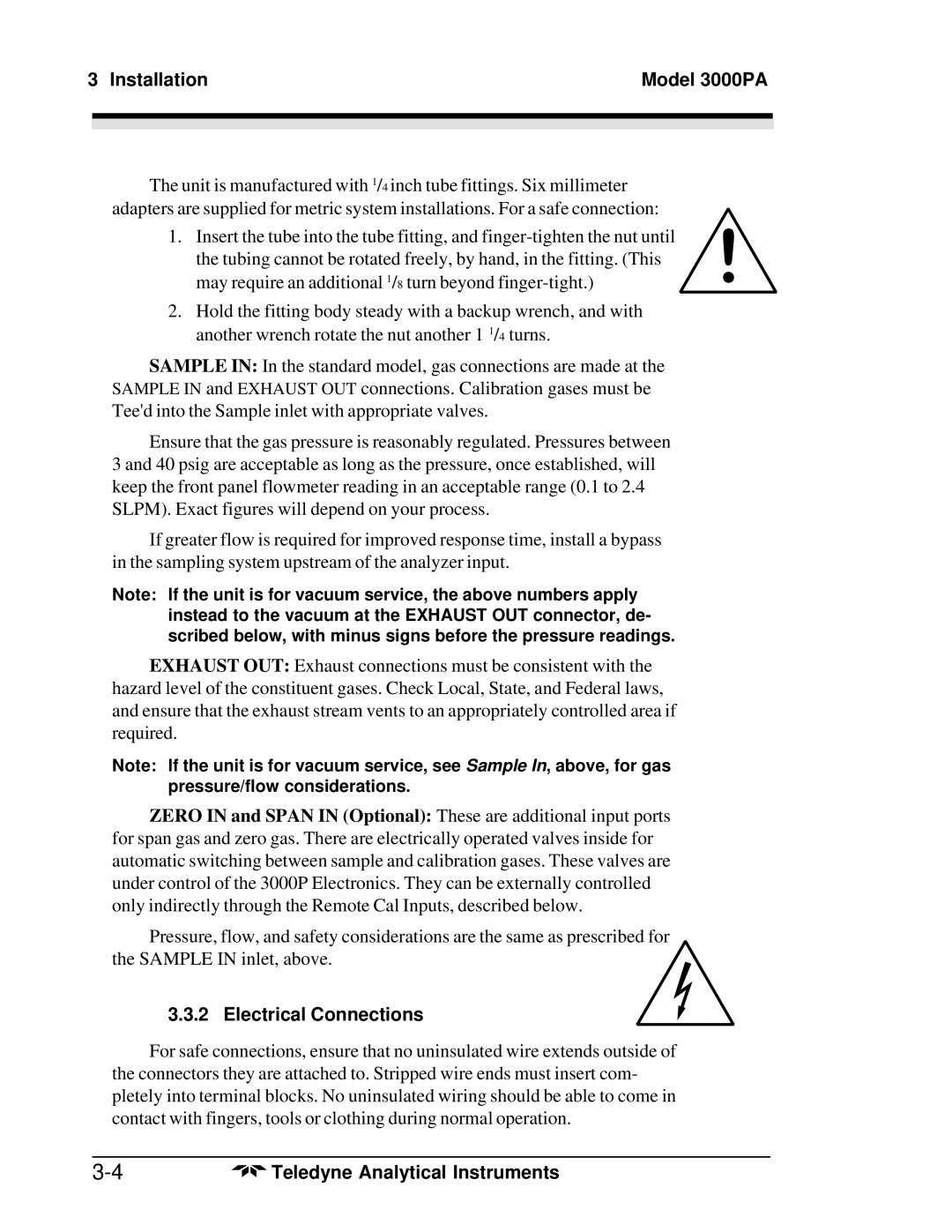 Teledyne 3000PA operating instructions Electrical Connections 