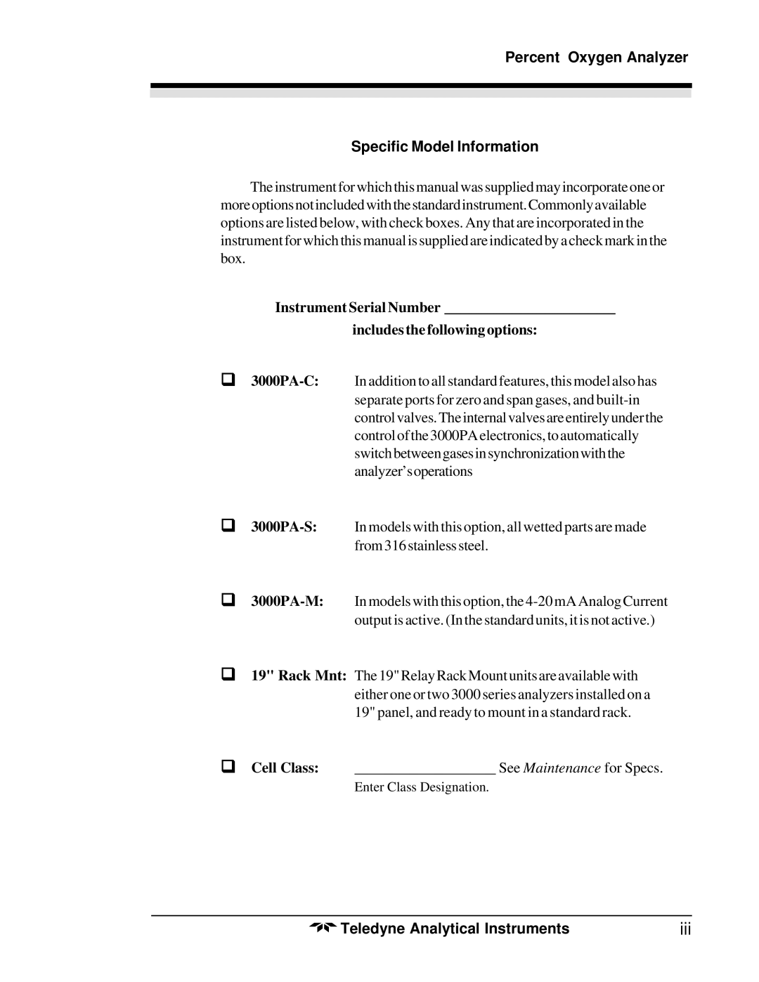 Teledyne 3000PA operating instructions Iii, Percent Oxygen Analyzer Specific Model Information 