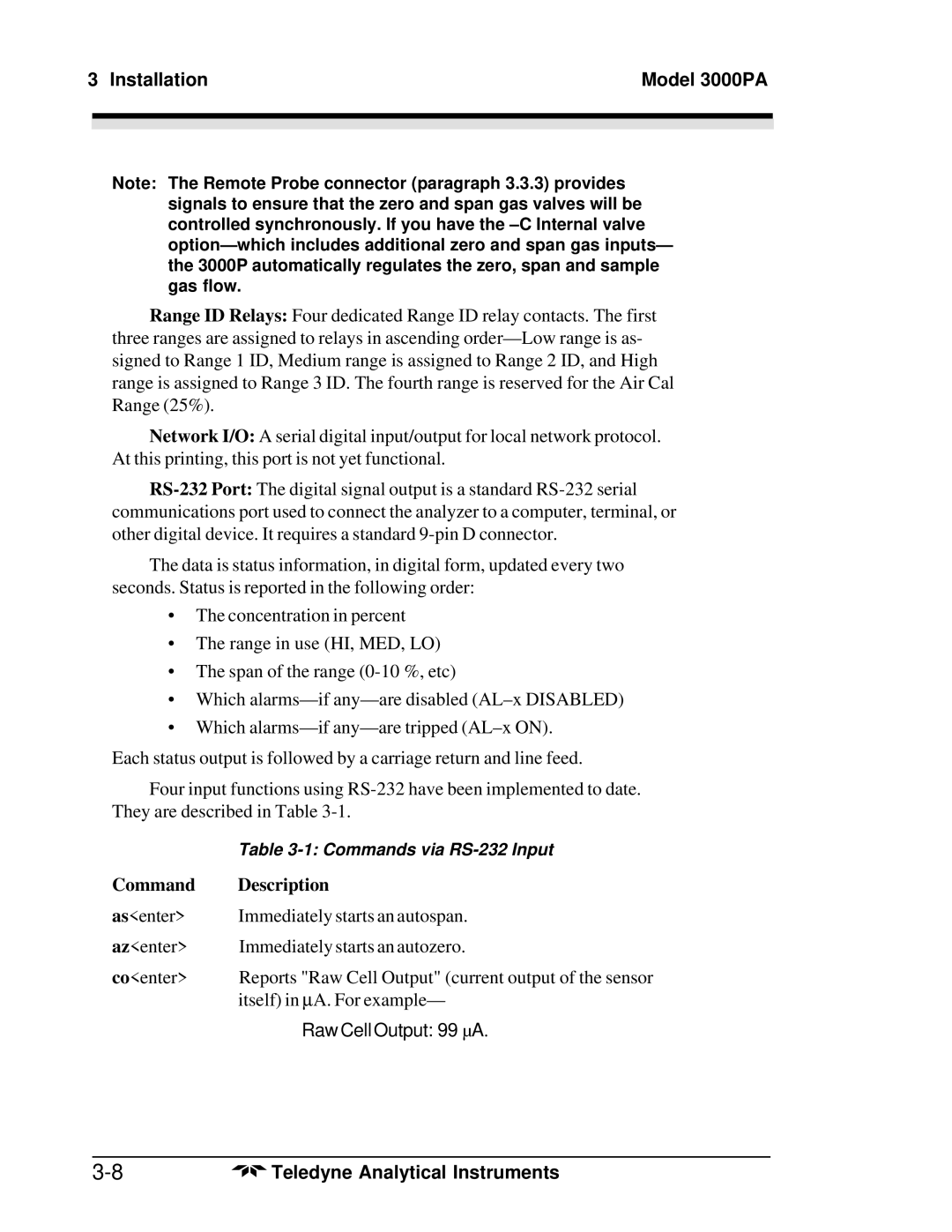 Teledyne 3000PA operating instructions Command Description 