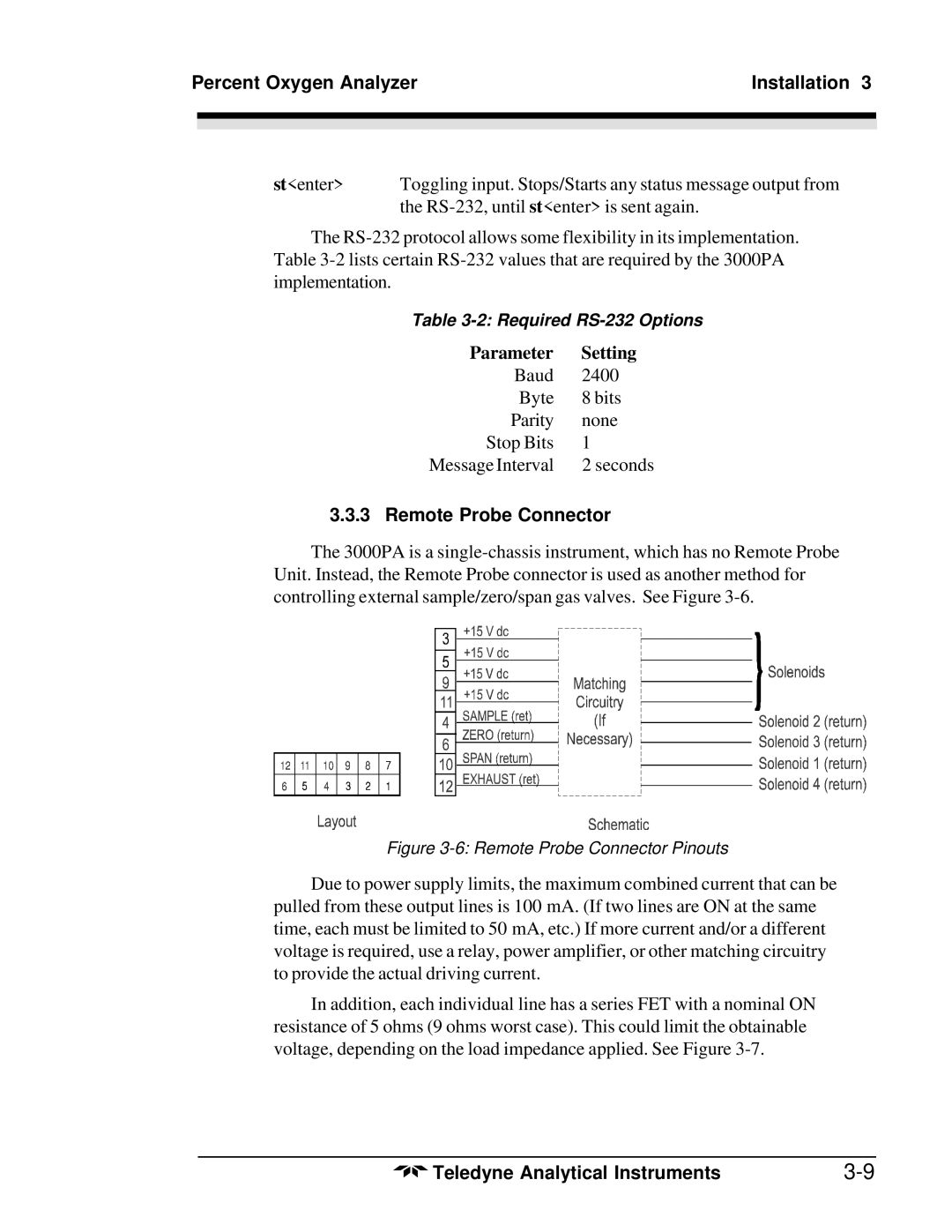 Teledyne 3000PA operating instructions Parameter Setting, Remote Probe Connector 