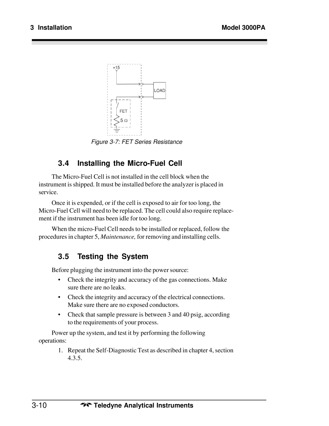 Teledyne 3000PA operating instructions Installing the Micro-Fuel Cell, Testing the System 