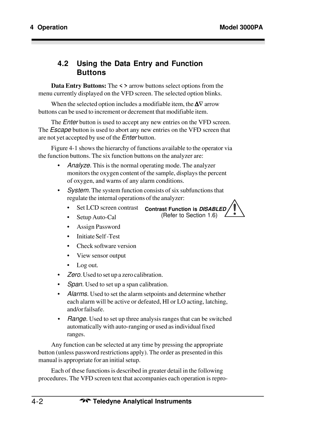 Teledyne operating instructions Using the Data Entry and Function Buttons, Operation Model 3000PA 