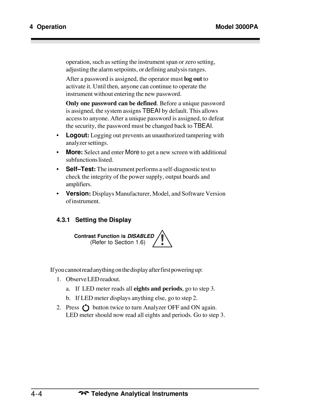 Teledyne 3000PA operating instructions Setting the Display 