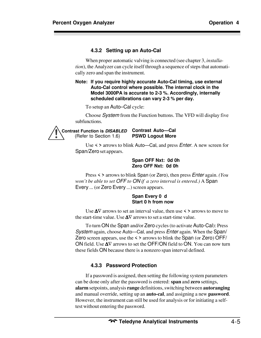 Teledyne 3000PA operating instructions Percent Oxygen Analyzer Operation Setting up an Auto-Cal, Password Protection 