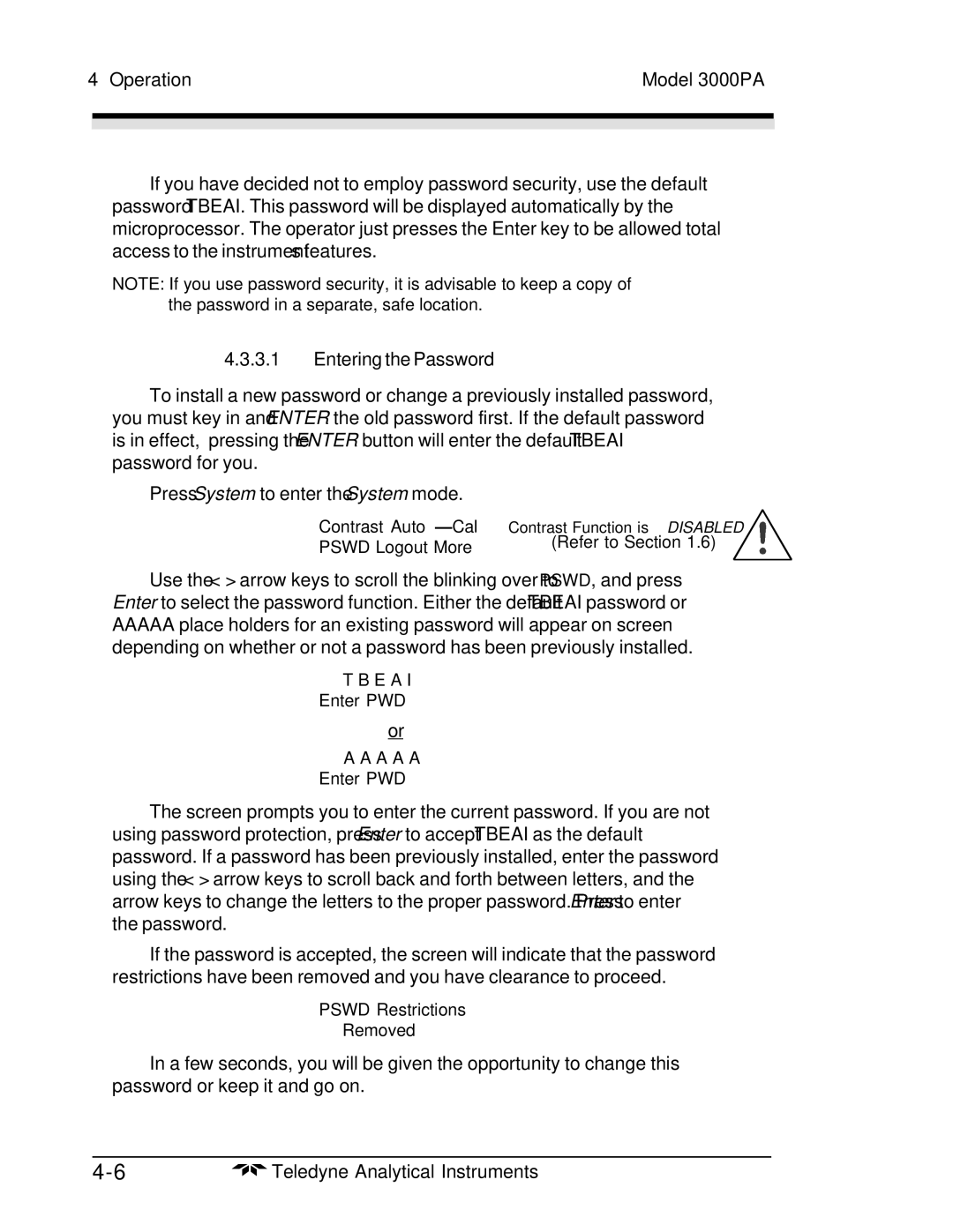 Teledyne 3000PA operating instructions Entering the Password 