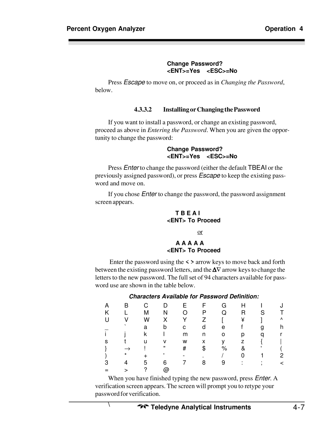 Teledyne 3000PA operating instructions Percent Oxygen Analyzer Operation, Installing or Changing the Password 