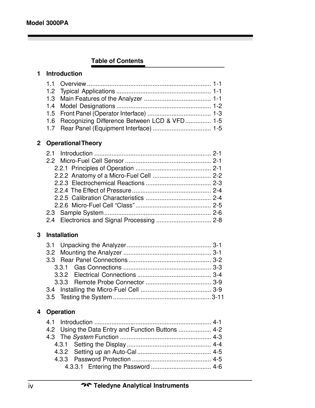 Teledyne operating instructions Model 3000PA Table of Contents Introduction, OperationalTheory, Installation 