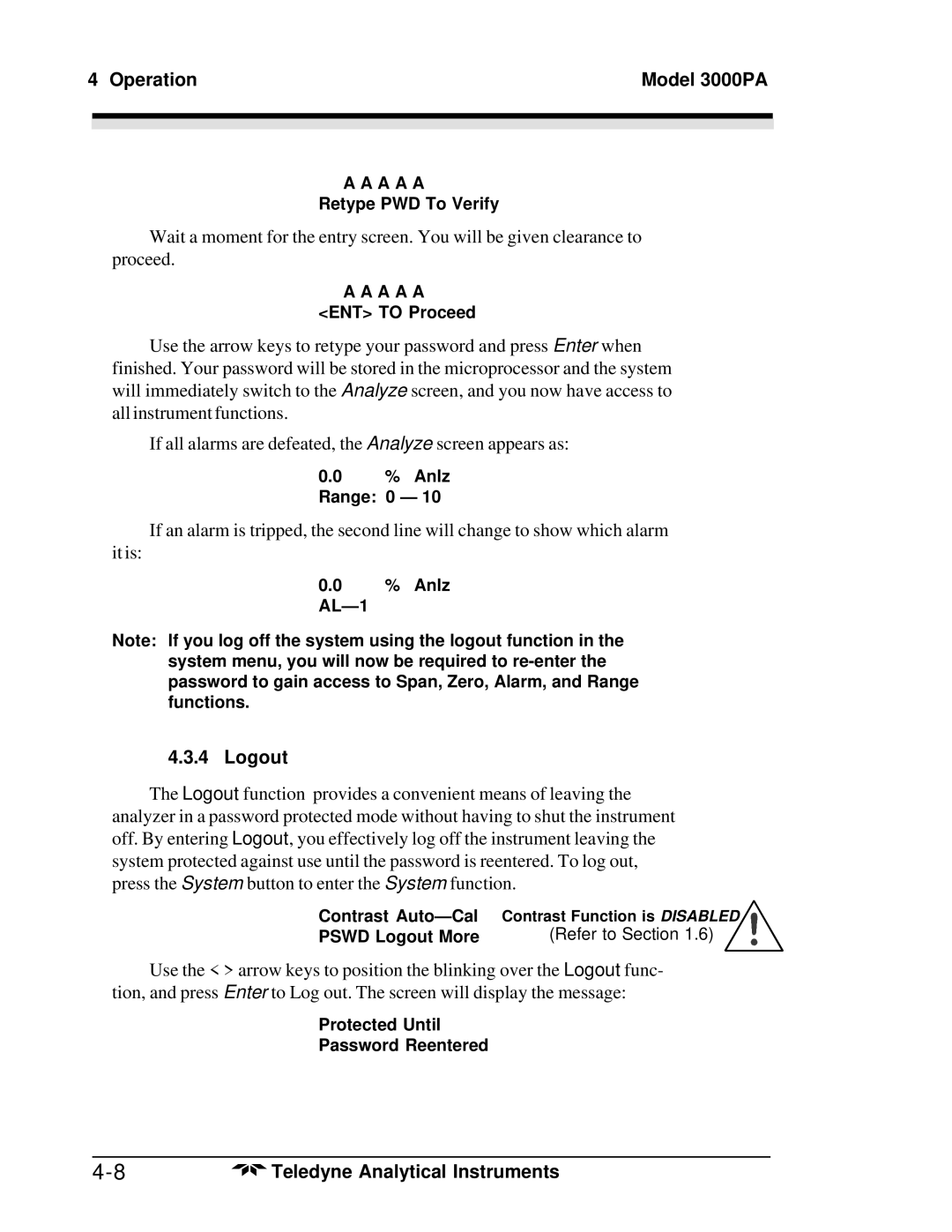 Teledyne 3000PA operating instructions Logout 