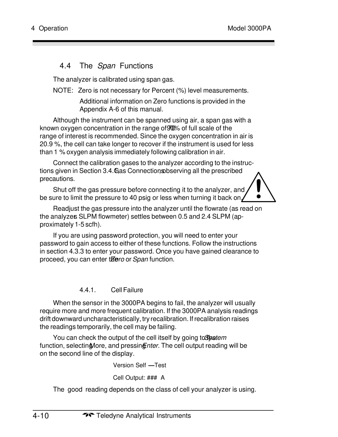 Teledyne 3000PA operating instructions Span Functions, Cell Failure 