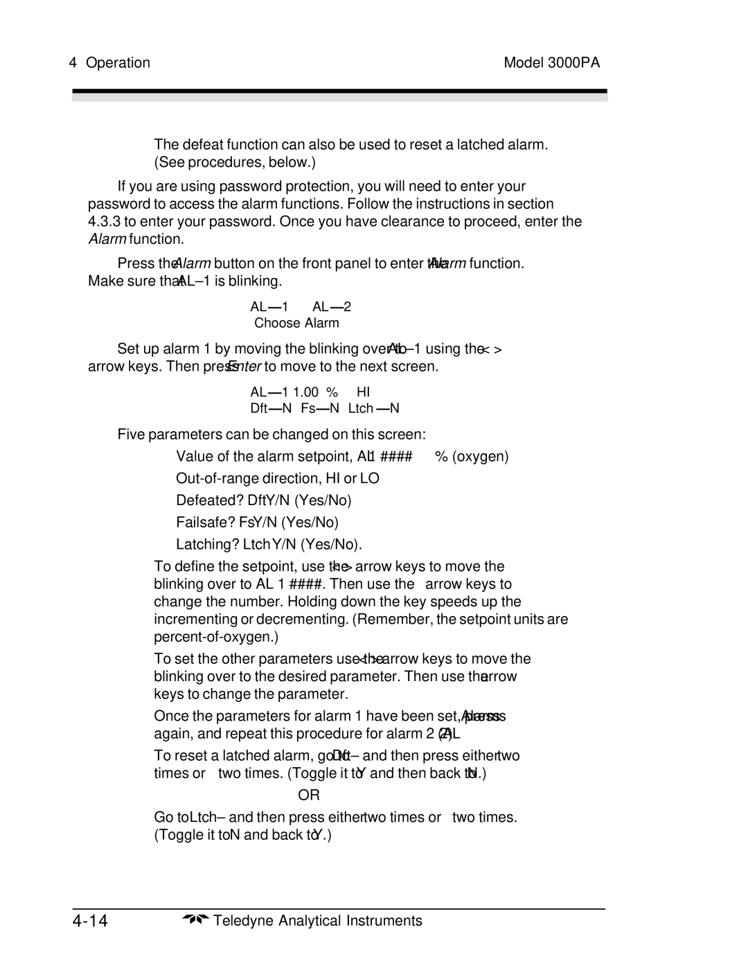 Teledyne 3000PA operating instructions AL-1 AL-2 Choose Alarm 