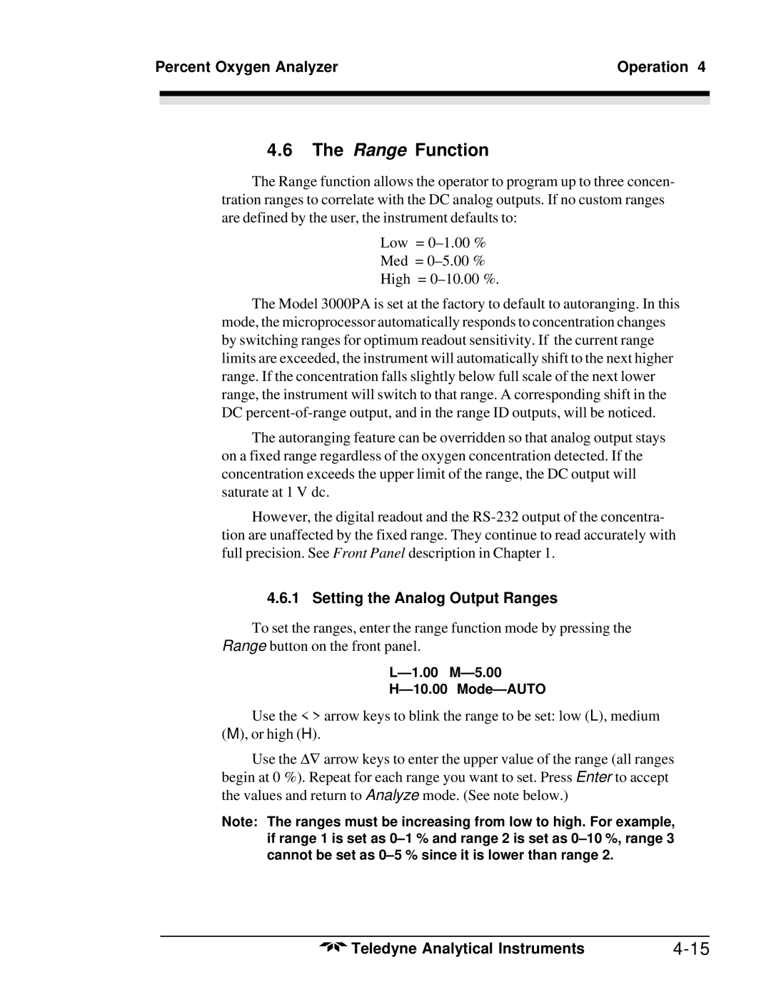 Teledyne 3000PA operating instructions Range Function, Setting the Analog Output Ranges 