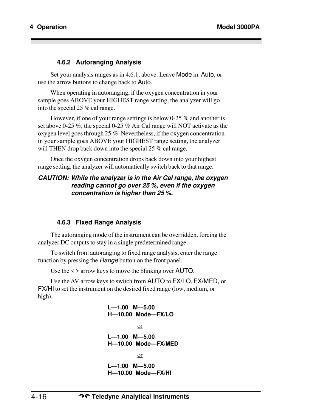 Teledyne operating instructions Operation Model 3000PA Autoranging Analysis, Fixed Range Analysis 