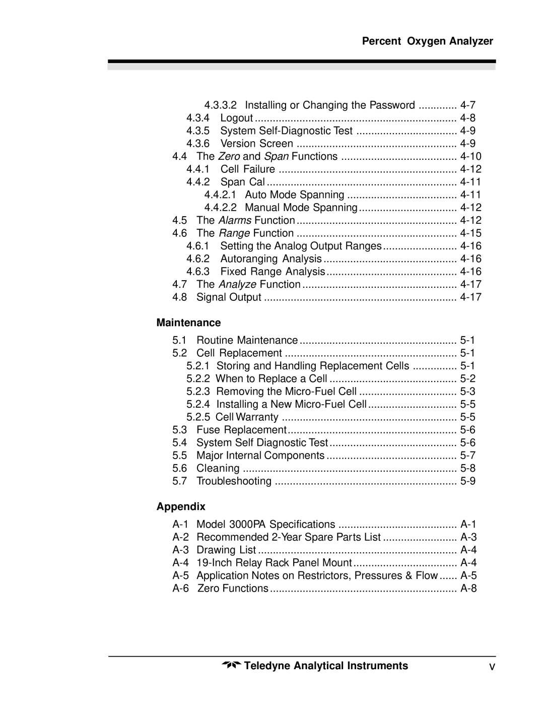 Teledyne 3000PA operating instructions Percent Oxygen Analyzer, Maintenance, Appendix 