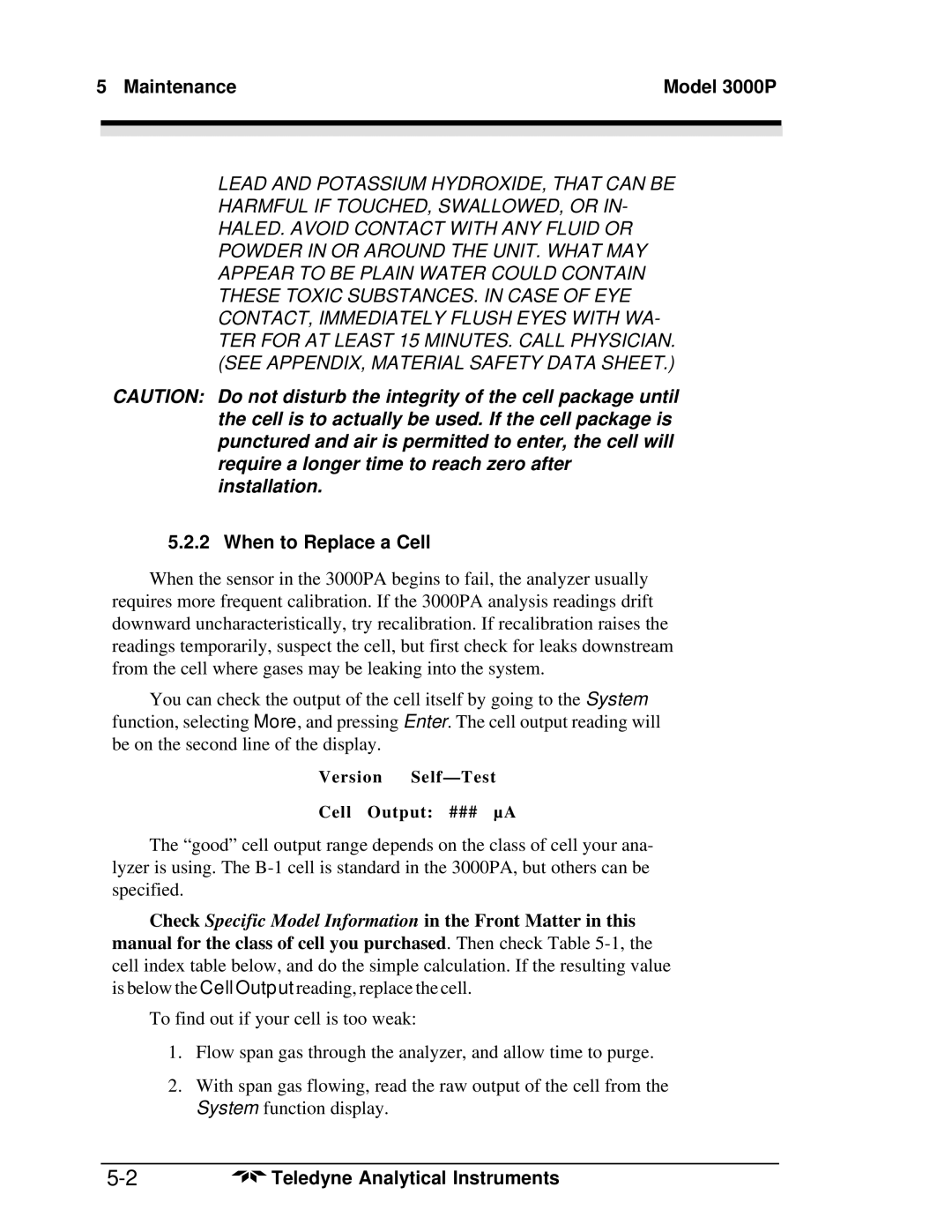 Teledyne 3000PA operating instructions Maintenance Model 3000P, When to Replace a Cell 