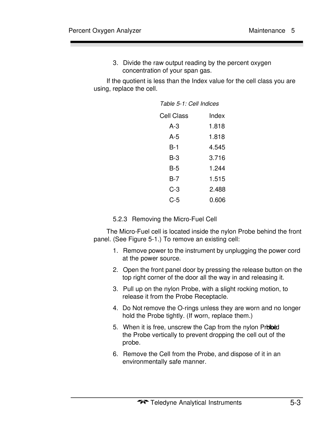 Teledyne 3000PA operating instructions Index, Removing the Micro-Fuel Cell 