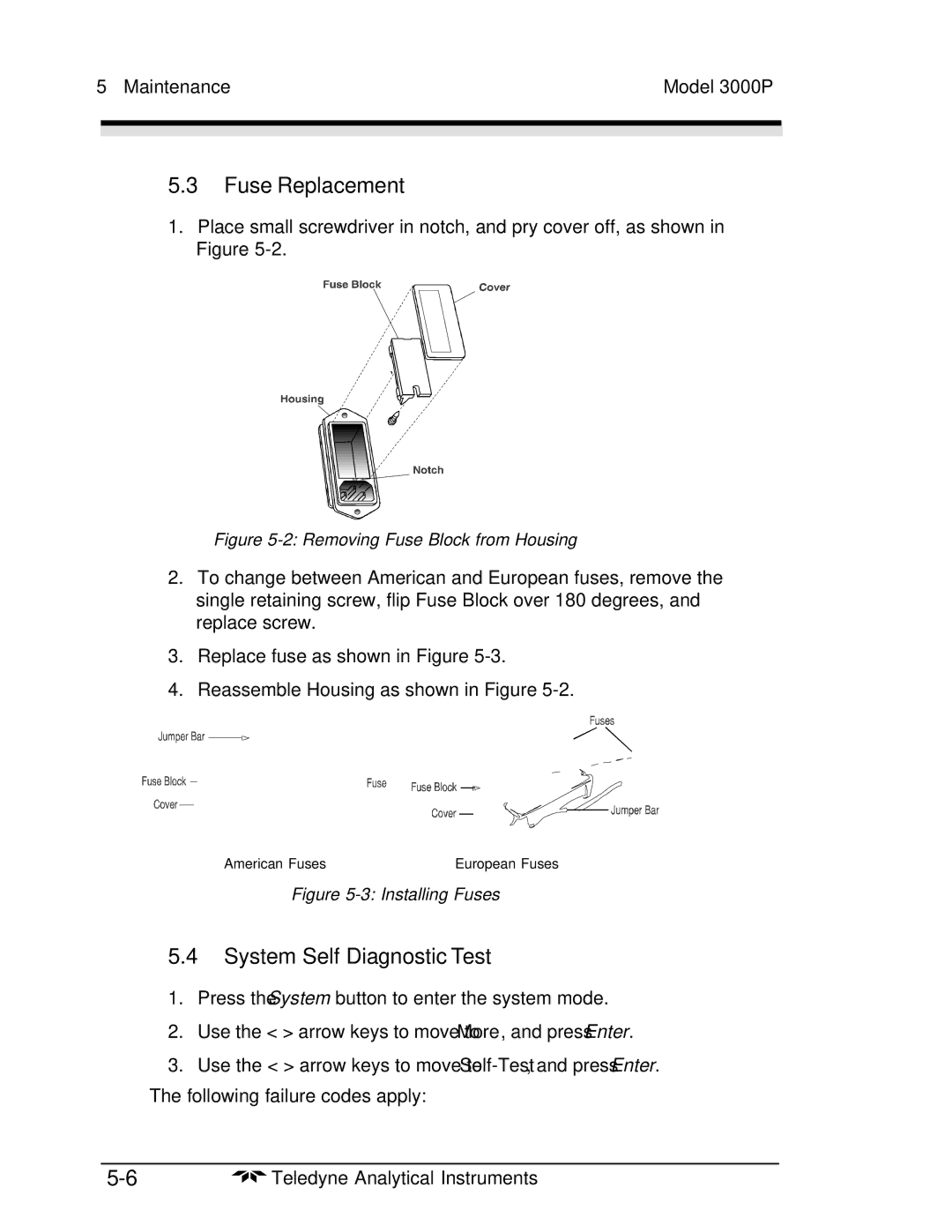 Teledyne 3000PA operating instructions Fuse Replacement, System Self Diagnostic Test 