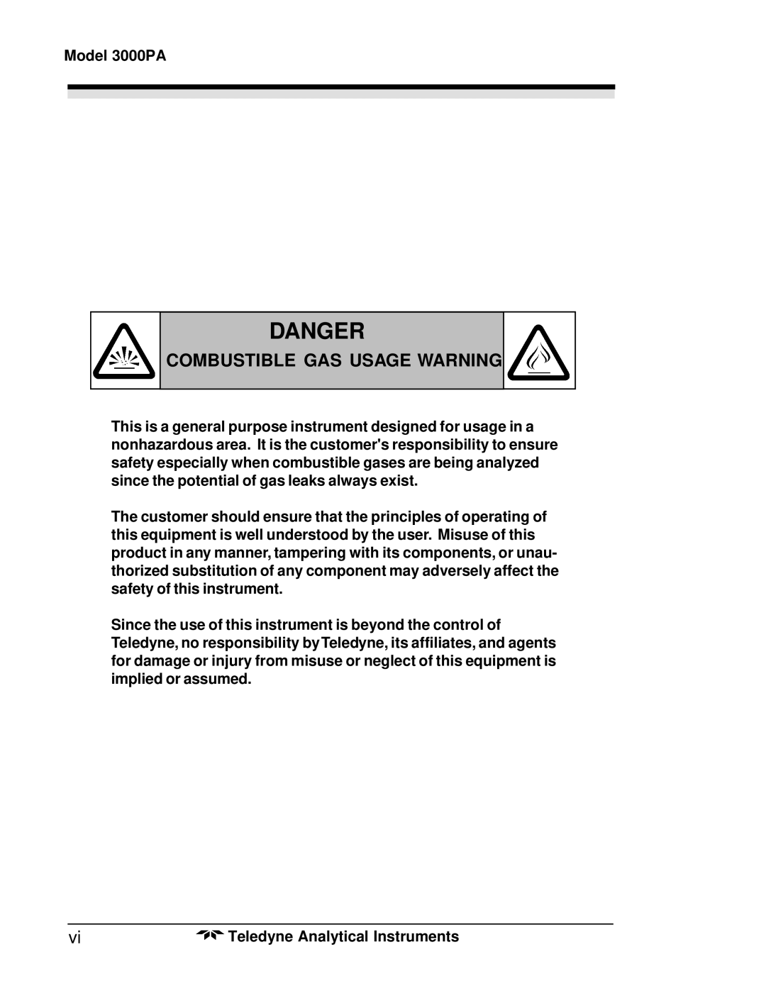 Teledyne 3000PA operating instructions Combustible GAS Usage Warning 