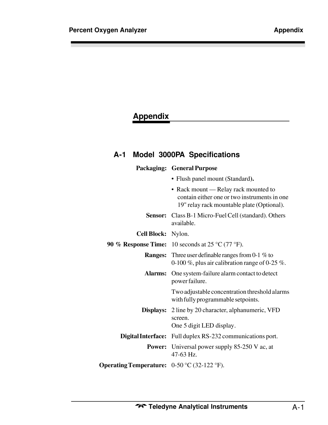 Teledyne operating instructions Model 3000PA Specifications, Percent Oxygen Analyzer Appendix 