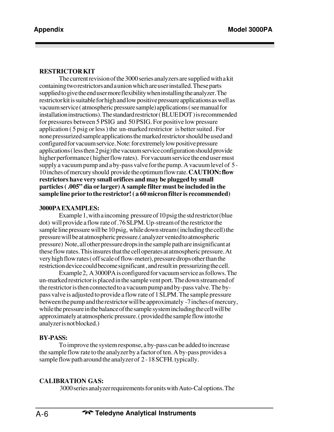 Teledyne 3000PA operating instructions Calibration GAS 