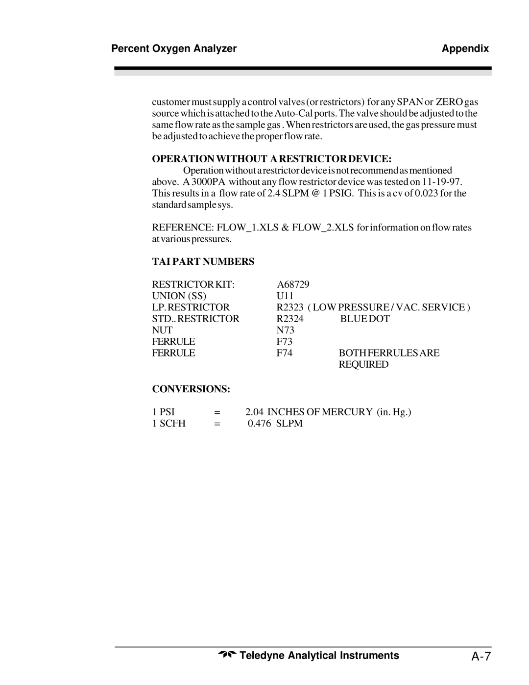 Teledyne 3000PA operating instructions Conversions 