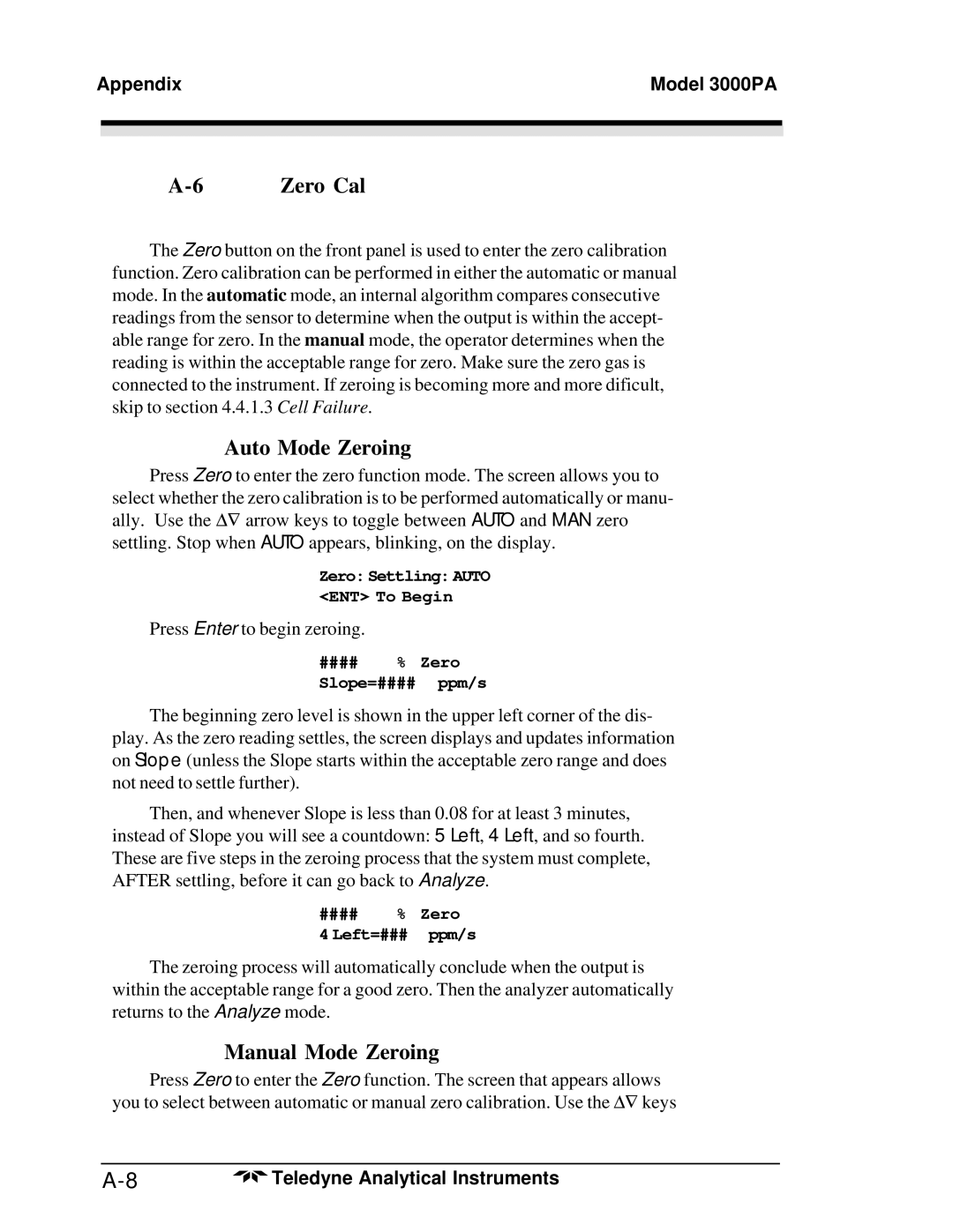 Teledyne 3000PA operating instructions Zero Cal 