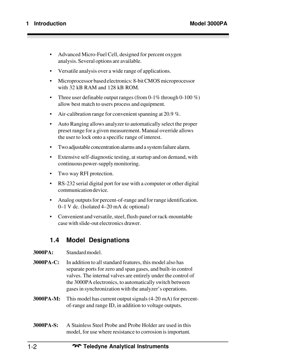 Teledyne operating instructions Model Designations, Introduction Model 3000PA 